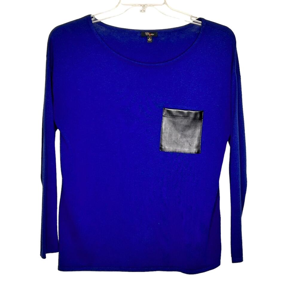 Cupio Royal Blue Long Sleeve Oversized Top Black Faux Leather Pocket